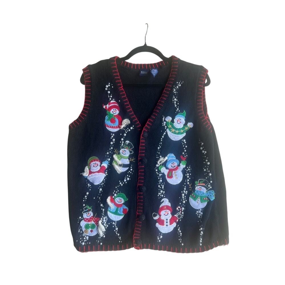 Basic Editions Vintage Vest Snowman & Pearl Embellishments Sweater Black XL